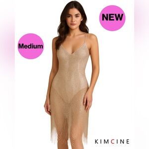 NEW ✨ KIMCINE Gold Glitter Bodysuit Dress, Sheer Sparkle Overlay (Size Medium)